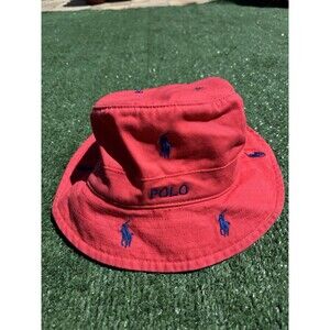 Polo Ralph Lauren Red Bucket Hat L/XL All Over Blue Pony Logo